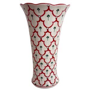 Andrea By Sadek 8" Ceramic Vase Red Green Blue Pattern Flared Scalloped Rim